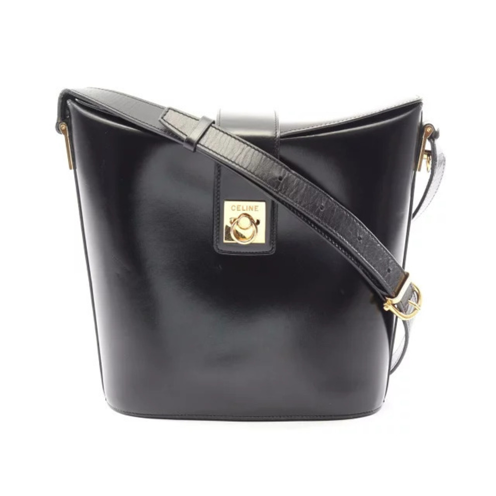 Celine black leather bucket shoulder bag ring lock closure Black